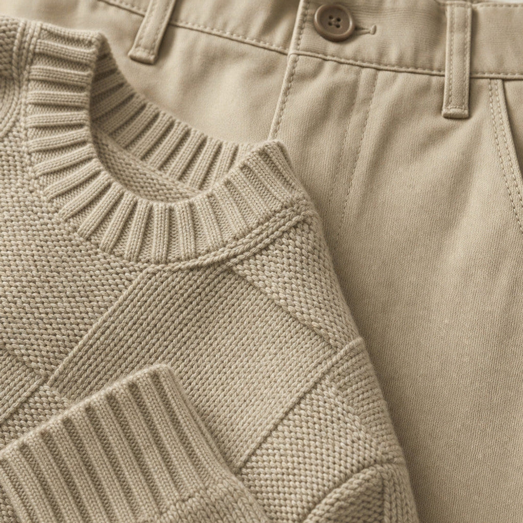 Idris | Knit Sweater and Trouser Set Navy/Beige – Fabric and Detail Close-Up