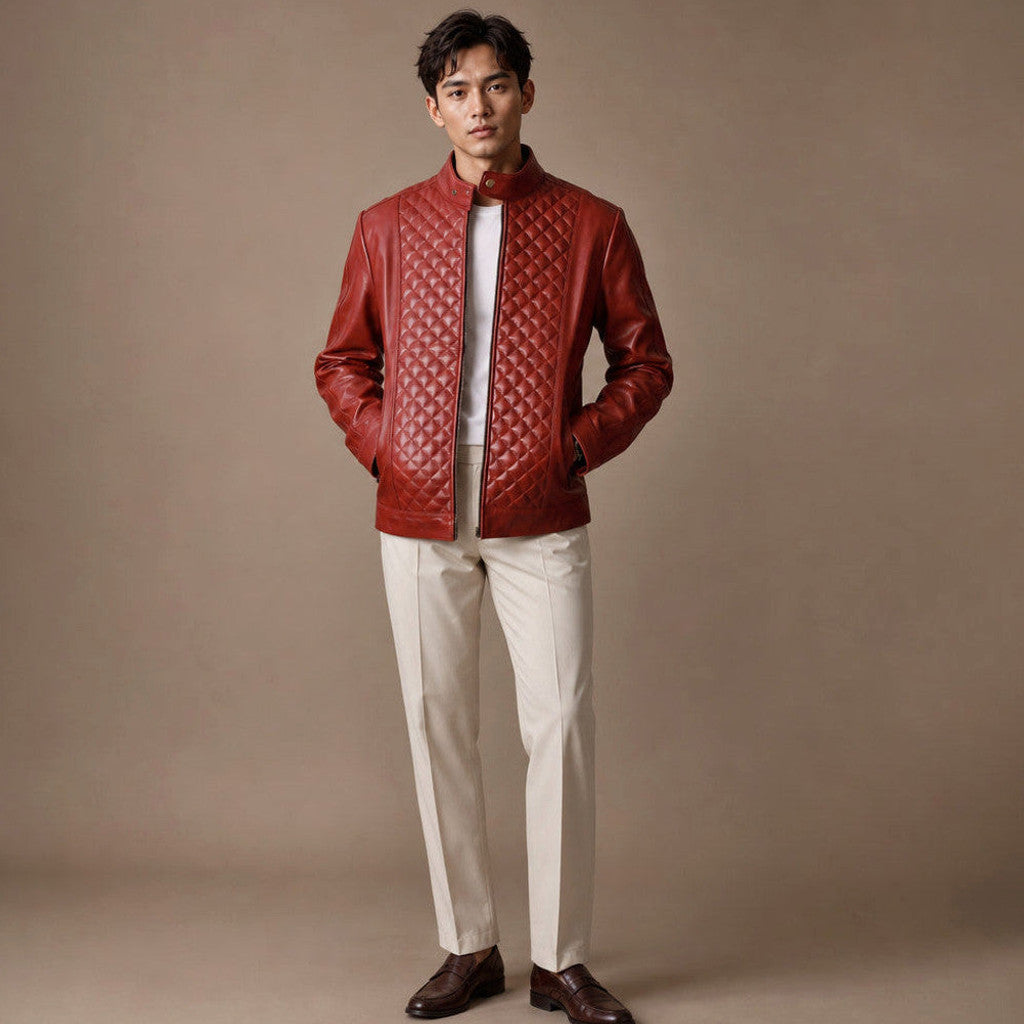 Man wearing scarlet red quilted leather jacket over a dark knit