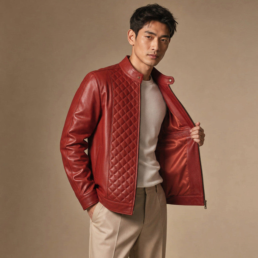 Irving | Quilted Leather Jacket Scarlet Red – Product Photo