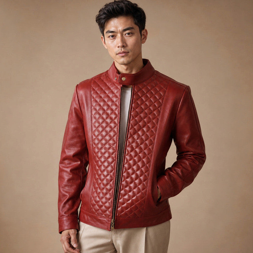 Scarlet red quilted leather jacket with snap collar and full-length zip
