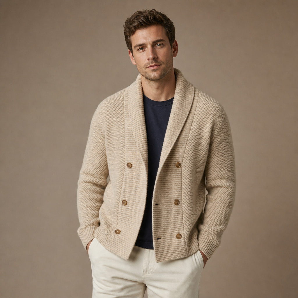 Cable Knit Cardigan Shawl Collar Beige – Product Photo