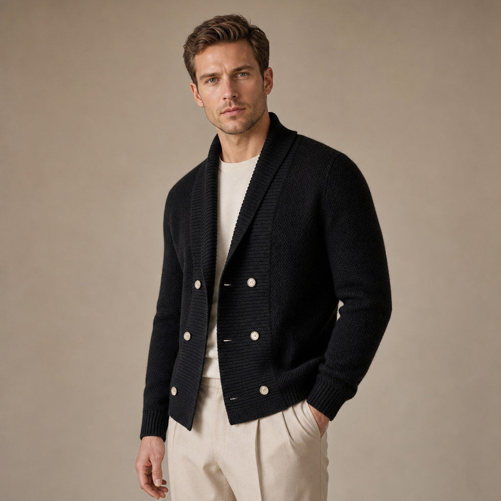 Cable Knit Cardigan Shawl Collar Black – Side Angle View