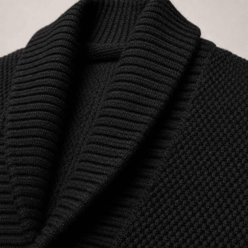 Cable Knit Cardigan Shawl Collar Black – Fabric and Detail Close-Up