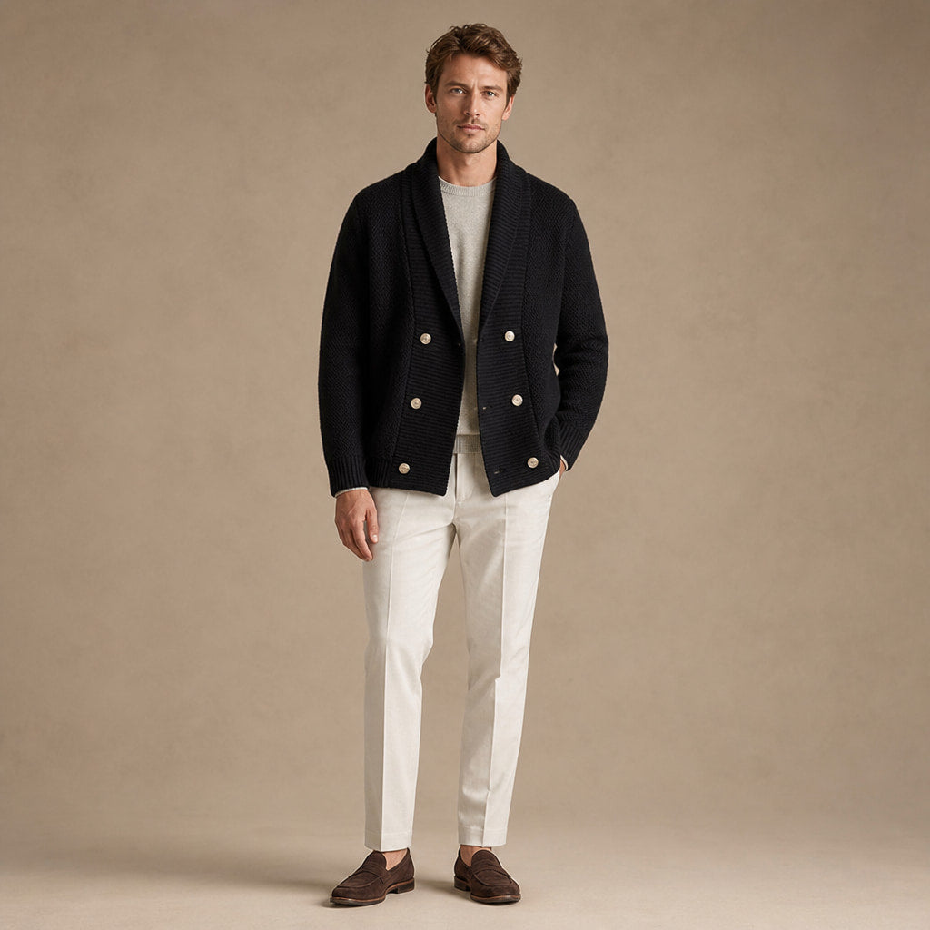 Cable Knit Cardigan Shawl Collar Black – Full Look