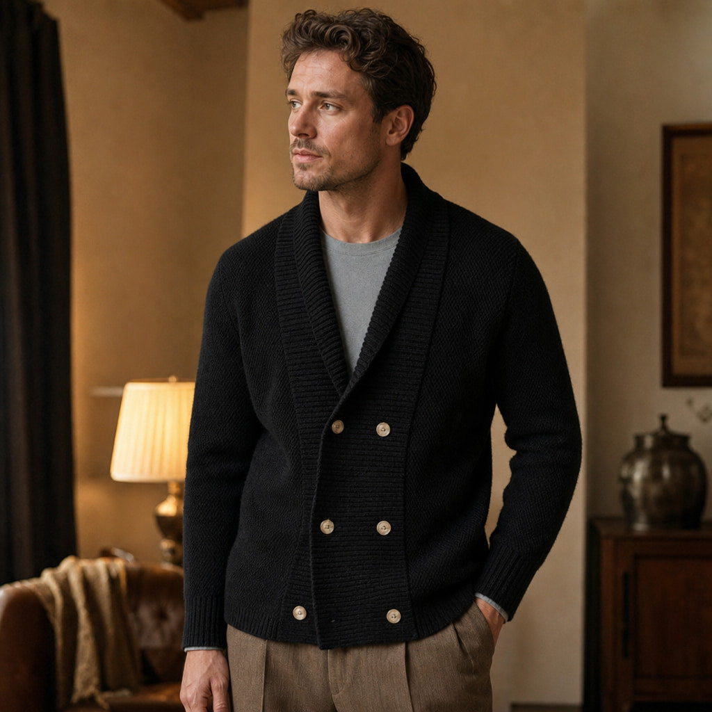 Cable Knit Cardigan Shawl Collar Black – Styled Editorial Shot