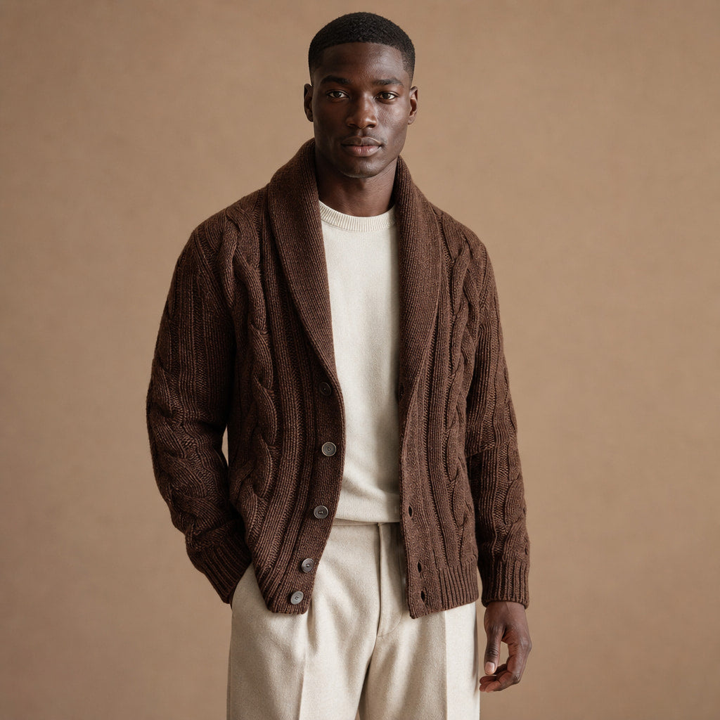 Cable Knit Cardigan Shawl Collar Brown – Product Photo