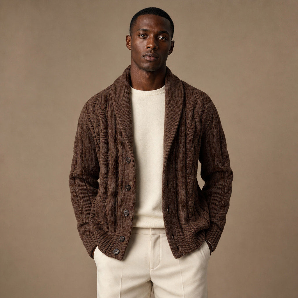Cable Knit Cardigan Shawl Collar in Brown – Tomosino Premium Menswear
