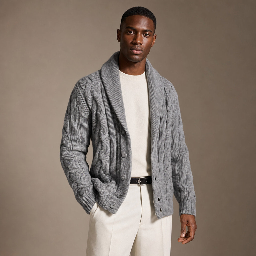 Cable Knit Cardigan Shawl Collar Grey – Product Photo