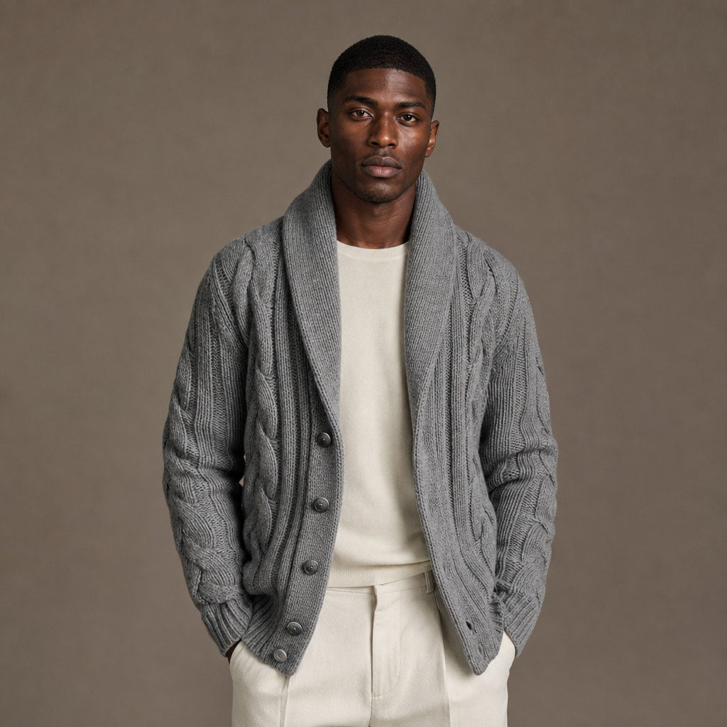 Cable Knit Cardigan Shawl Collar in Grey – Tomosino Premium Menswear