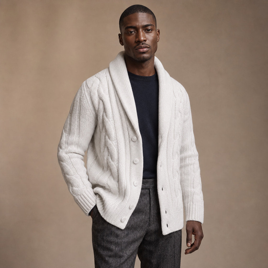 Cable Knit Cardigan Shawl Collar White – Side Angle View