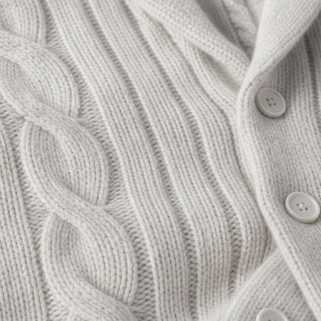 Cable Knit Cardigan Shawl Collar White – Fabric and Detail Close-Up