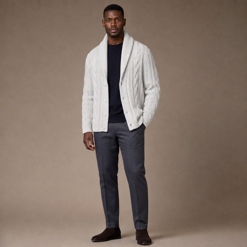 Cable Knit Cardigan Shawl Collar White – Full Look