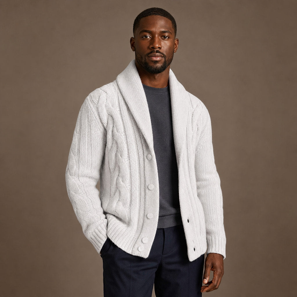 Cable Knit Cardigan Shawl Collar White – Product Photo