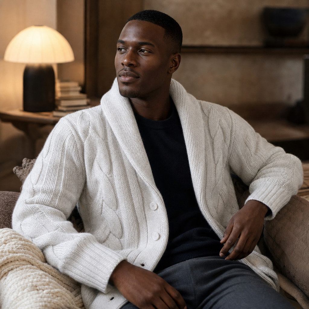 Cable Knit Cardigan Shawl Collar White – Styled Editorial Shot