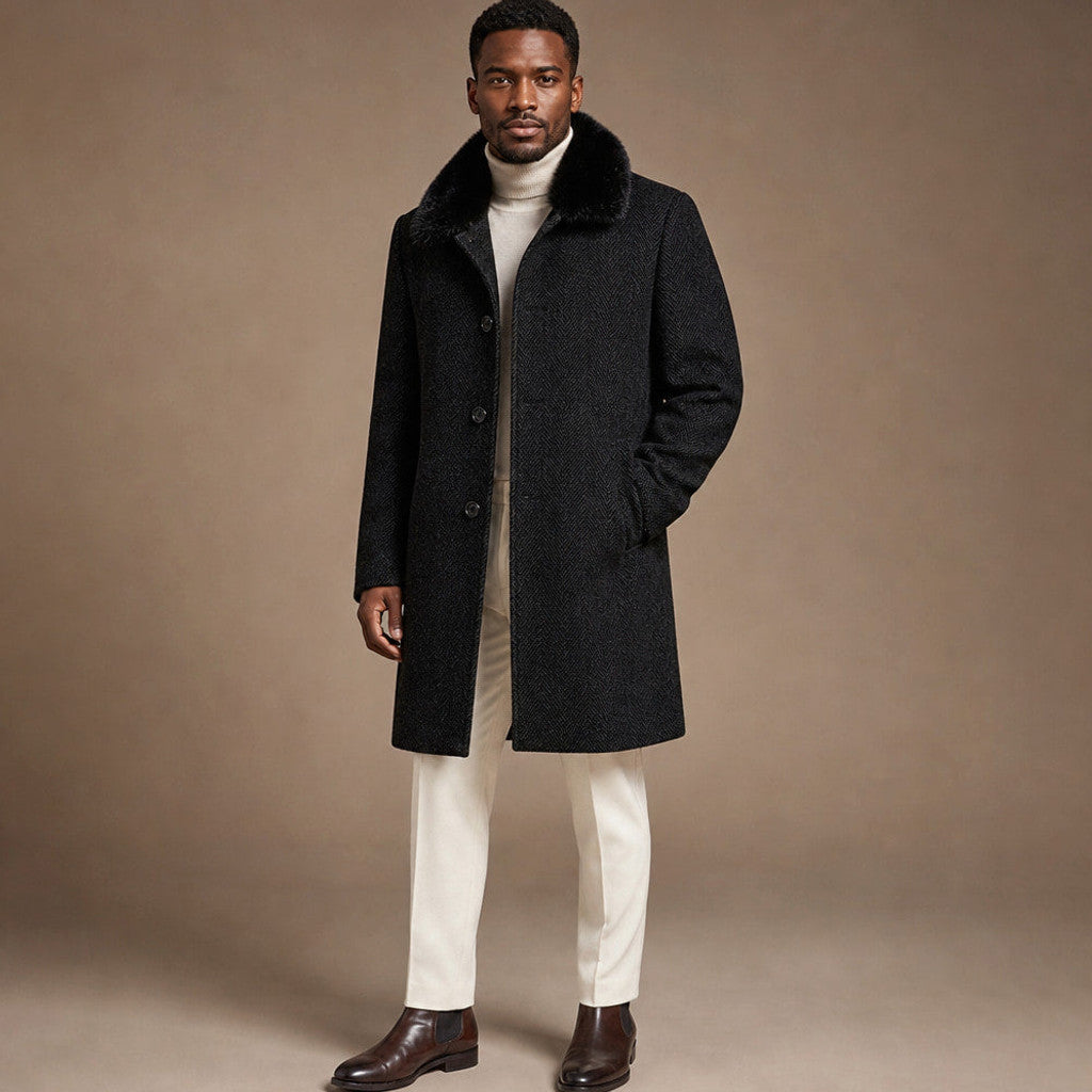 Jonah | Overcoat Detachable Collar Quilted Black – Side Angle View