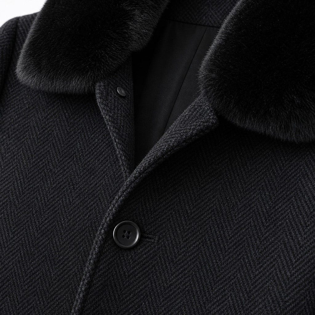 Jonah | Overcoat Detachable Collar Quilted Black – Fabric and Detail Close-Up