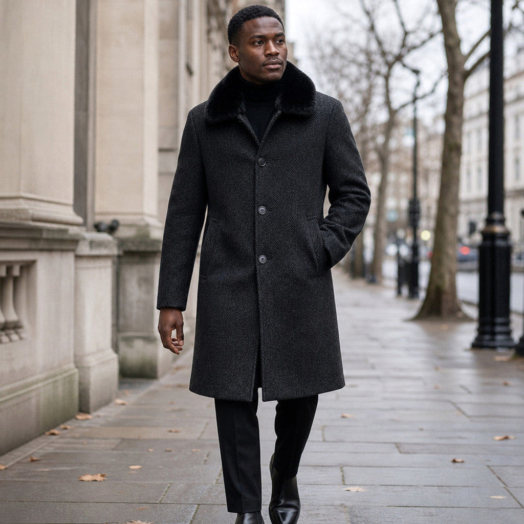 Jonah | Overcoat Detachable Collar Quilted Black – Styled Editorial Shot