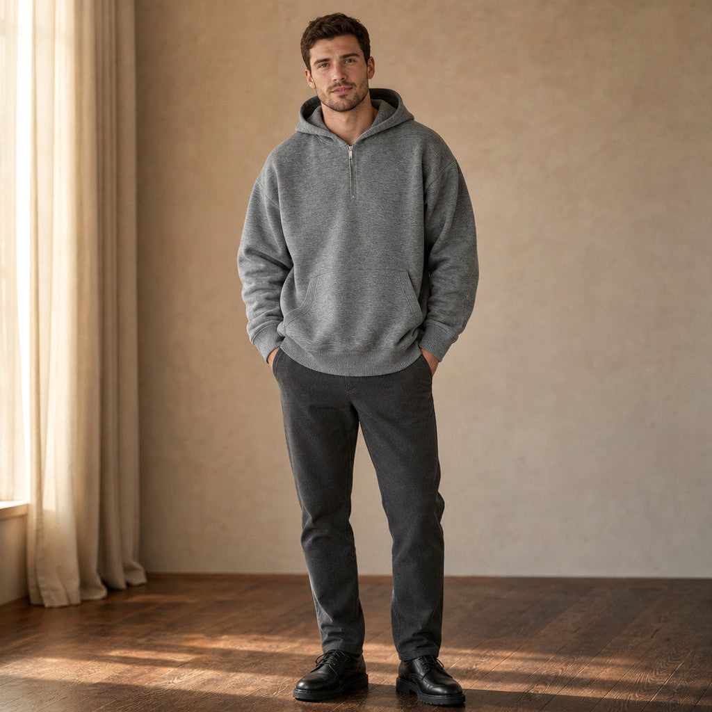 Jonathan | Knit Hoodie Half Zip Dark Gray – Styled Editorial Shot
