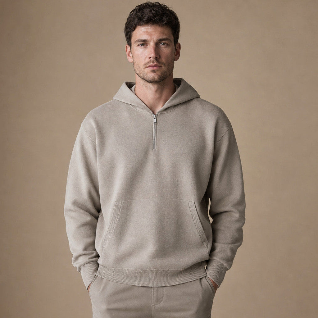 Jonathan | Knit Hoodie Half Zip in Stone – Premium Editorial