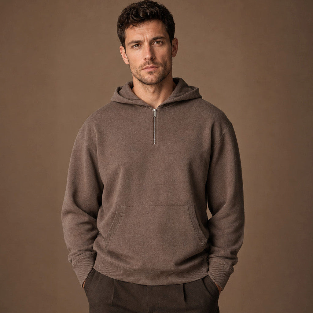 Jonathan | Knit Hoodie Half Zip in Taupe – Premium Editorial