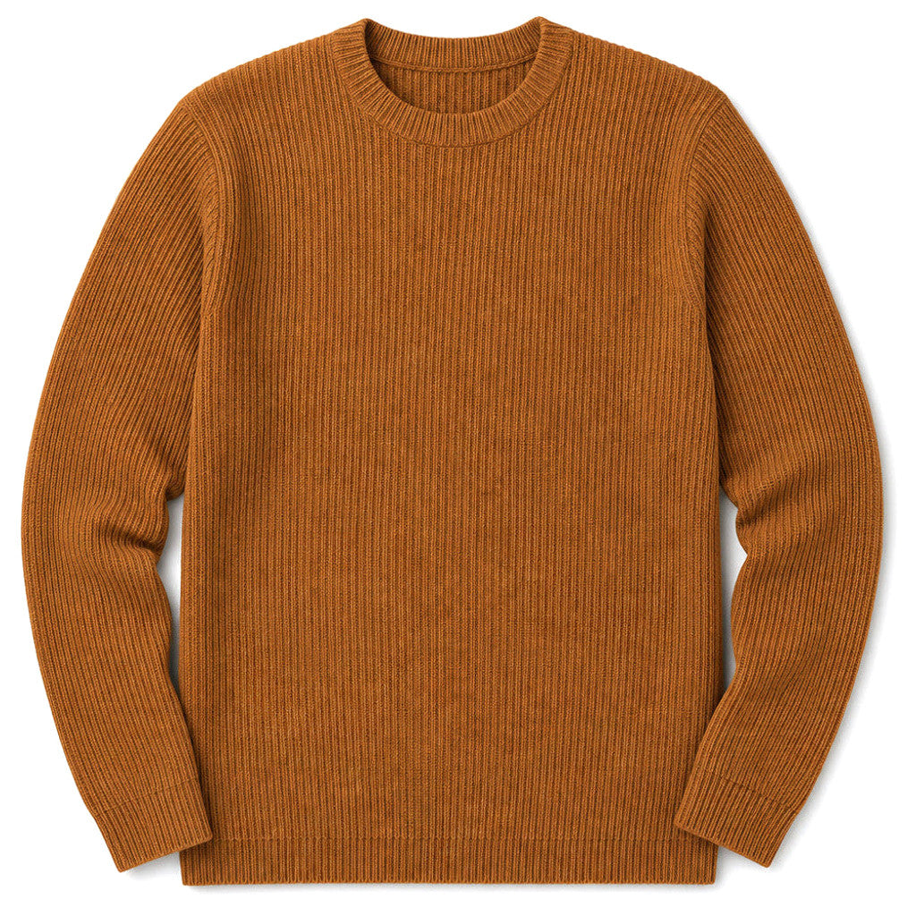 Man wearing brown ribbed cardigan over a shirt