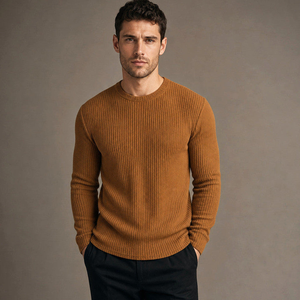 Brown ribbed knit slim fit cardigan, front view