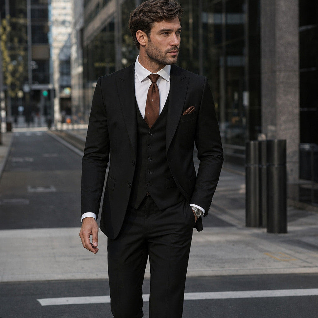 Kelsten | Three Piece Suit Shawl Lapel Slim Fit Black – Styled Editorial Shot