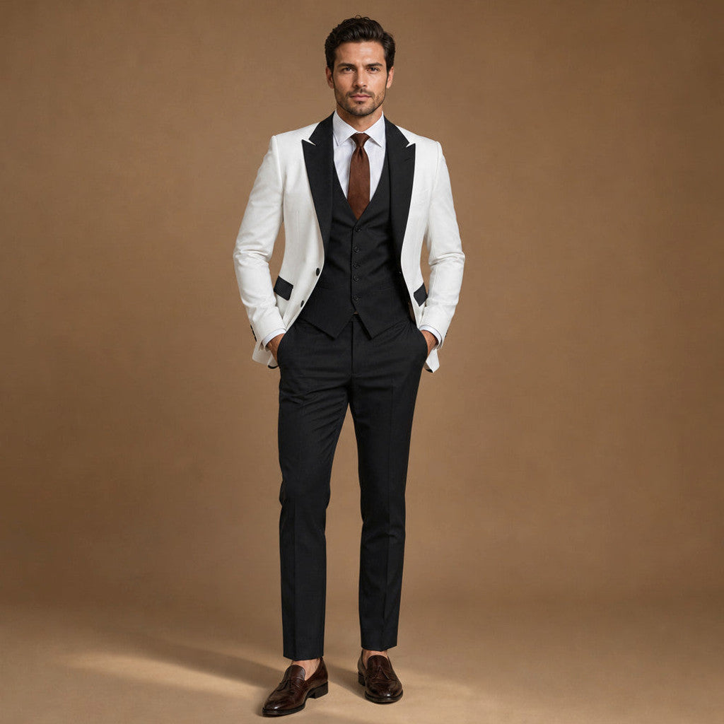 Kelsten | Three Piece Suit Shawl Lapel Slim Fit in Black& White – Premium Editorial