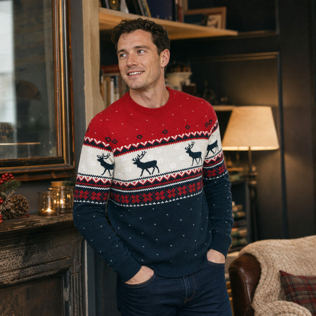 Christmas Jumper Reindeer Knit Navy Navy – Styled Editorial Shot