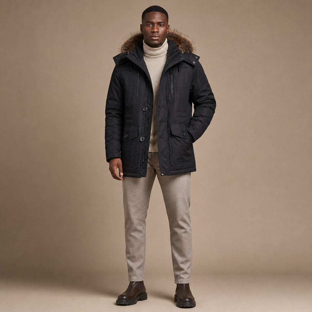Hooded Duffle Coat Insulated Multi-Pocket Black – Product Photo