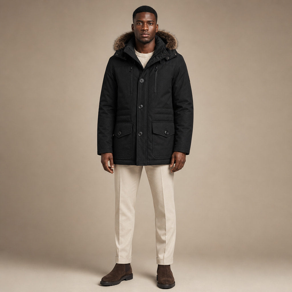 Hooded Duffle Coat Insulated Multi-Pocket in Black – Tomosino Premium Menswear