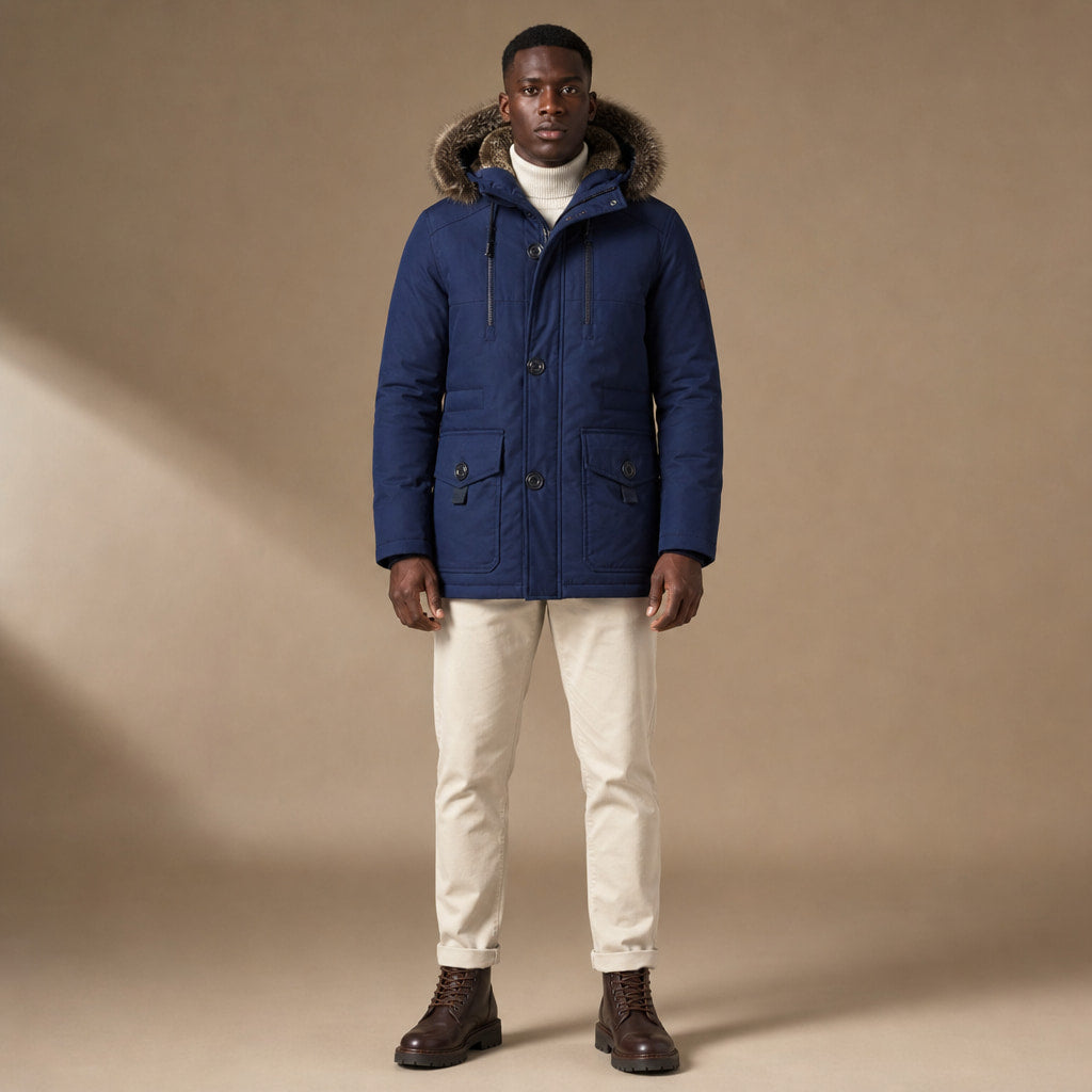 Hooded Duffle Coat Insulated Multi-Pocket in Blue – Tomosino Premium Menswear