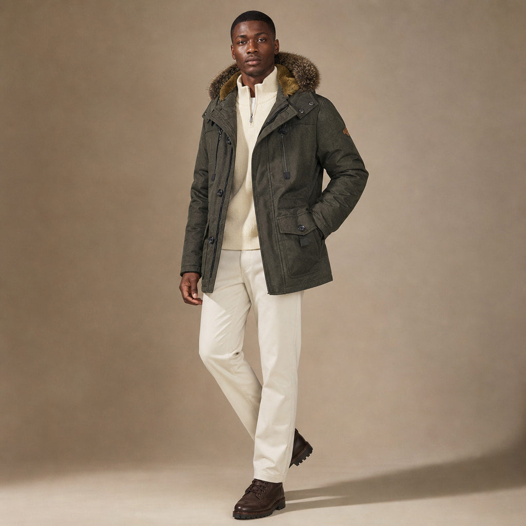 Hooded Duffle Coat Insulated Multi-Pocket Green – Side Angle View