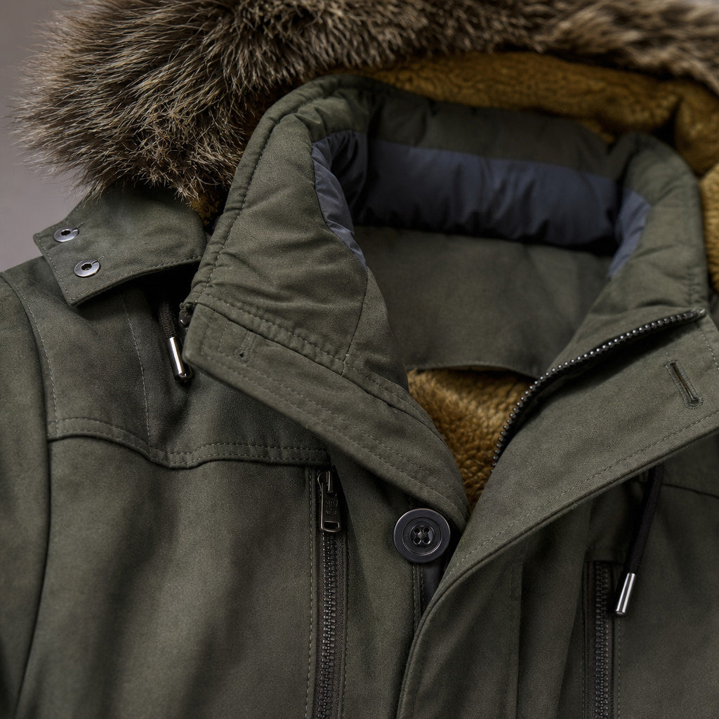 Hooded Duffle Coat Insulated Multi-Pocket Green – Fabric and Detail Close-Up