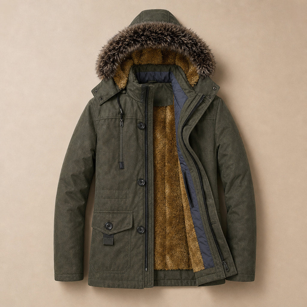 Hooded Duffle Coat Insulated Multi-Pocket Green – Flat Lay Product Photo
