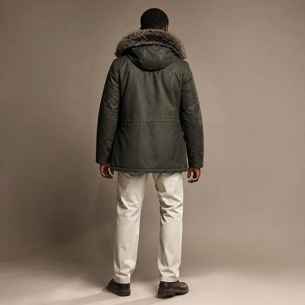 Hooded Duffle Coat Insulated Multi-Pocket Green – Full Look