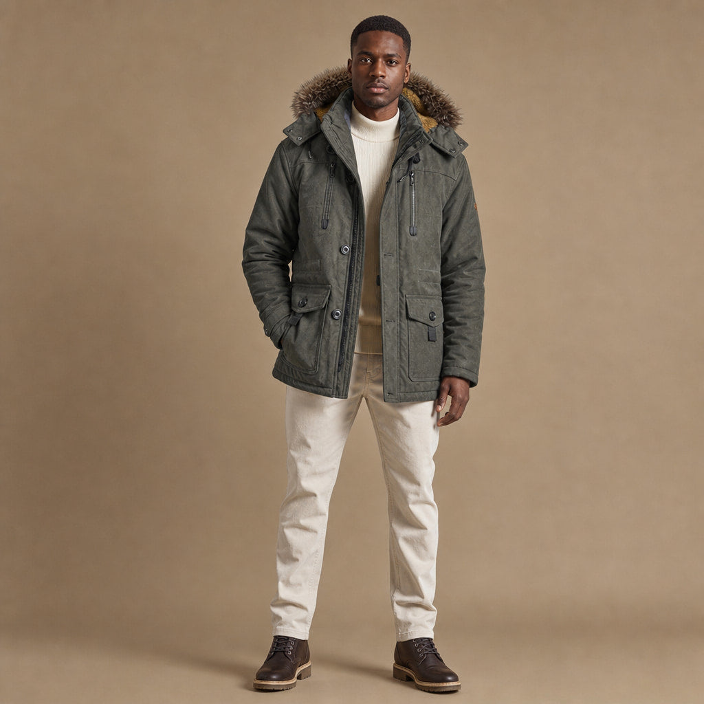 Hooded Duffle Coat Insulated Multi-Pocket Green – Product Photo