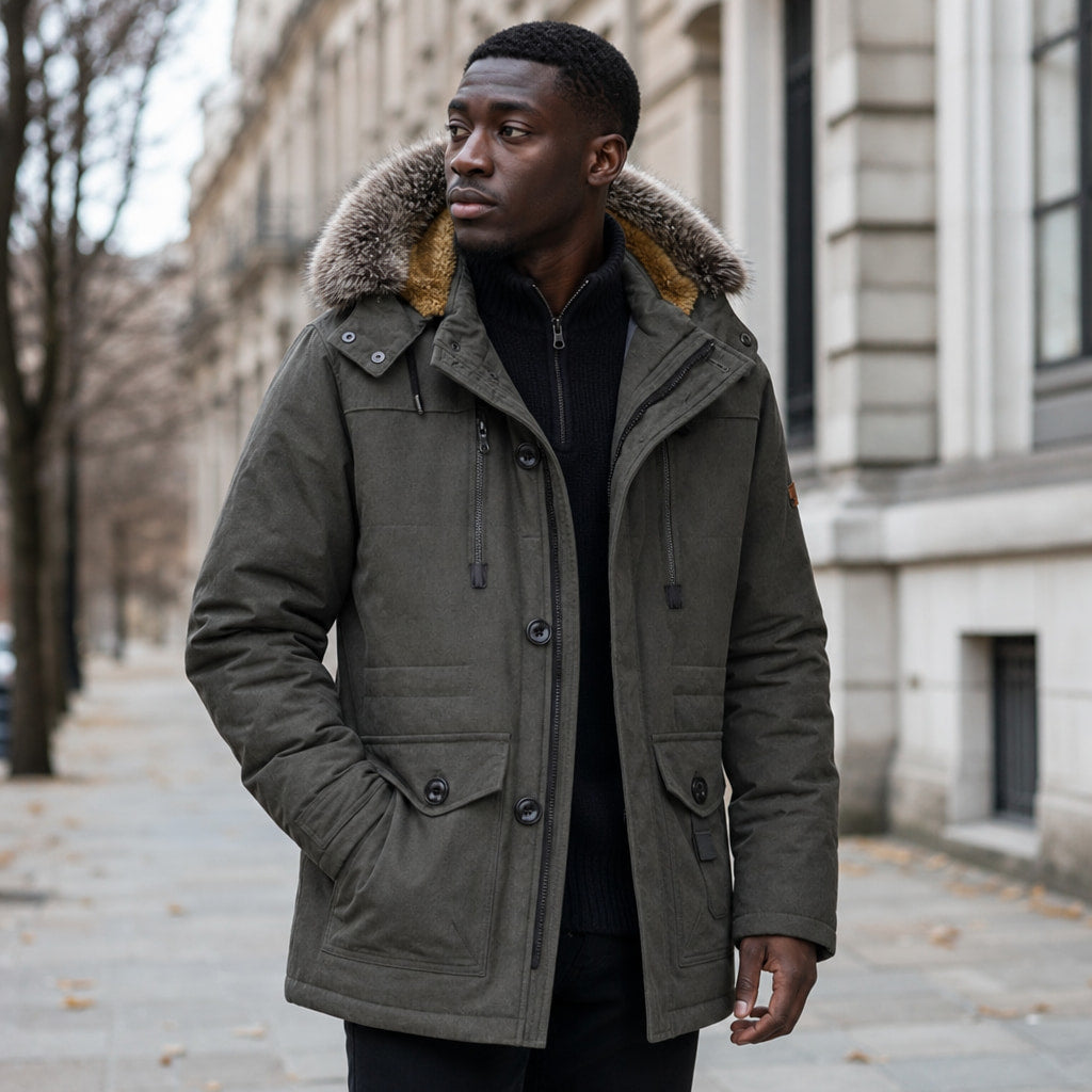 Hooded Duffle Coat Insulated Multi-Pocket Green – Styled Editorial Shot