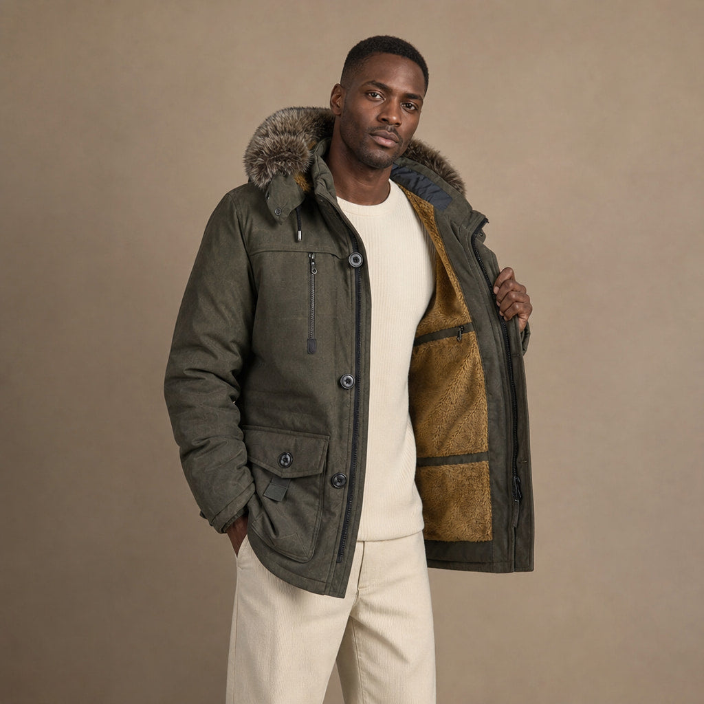 Hooded Duffle Coat Insulated Multi-Pocket Green – Interior Lining Detail