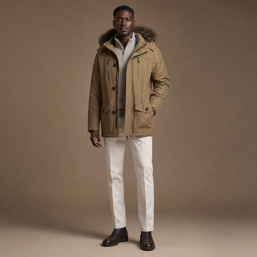 Hooded Duffle Coat Insulated Multi-Pocket Khaki – Product Photo