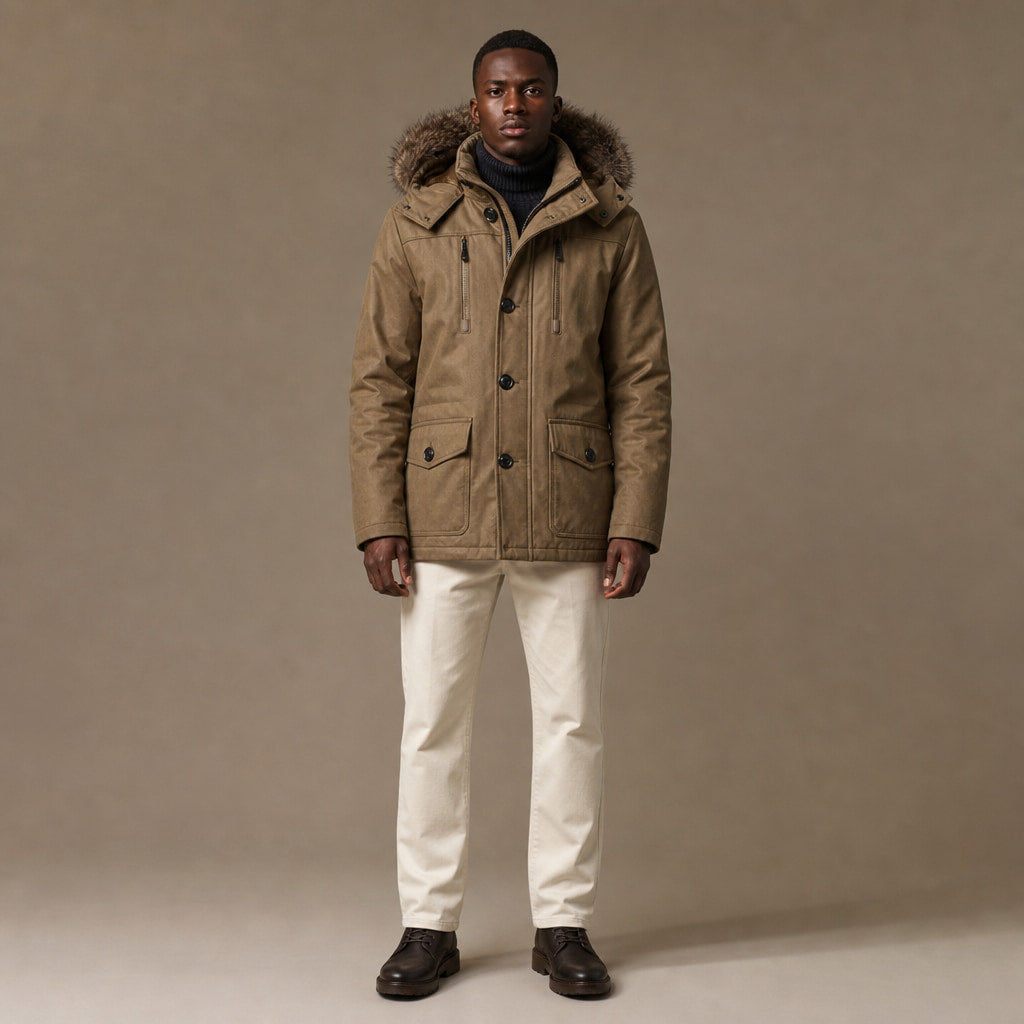 Hooded Duffle Coat Insulated Multi-Pocket in Khaki – Tomosino Premium Menswear