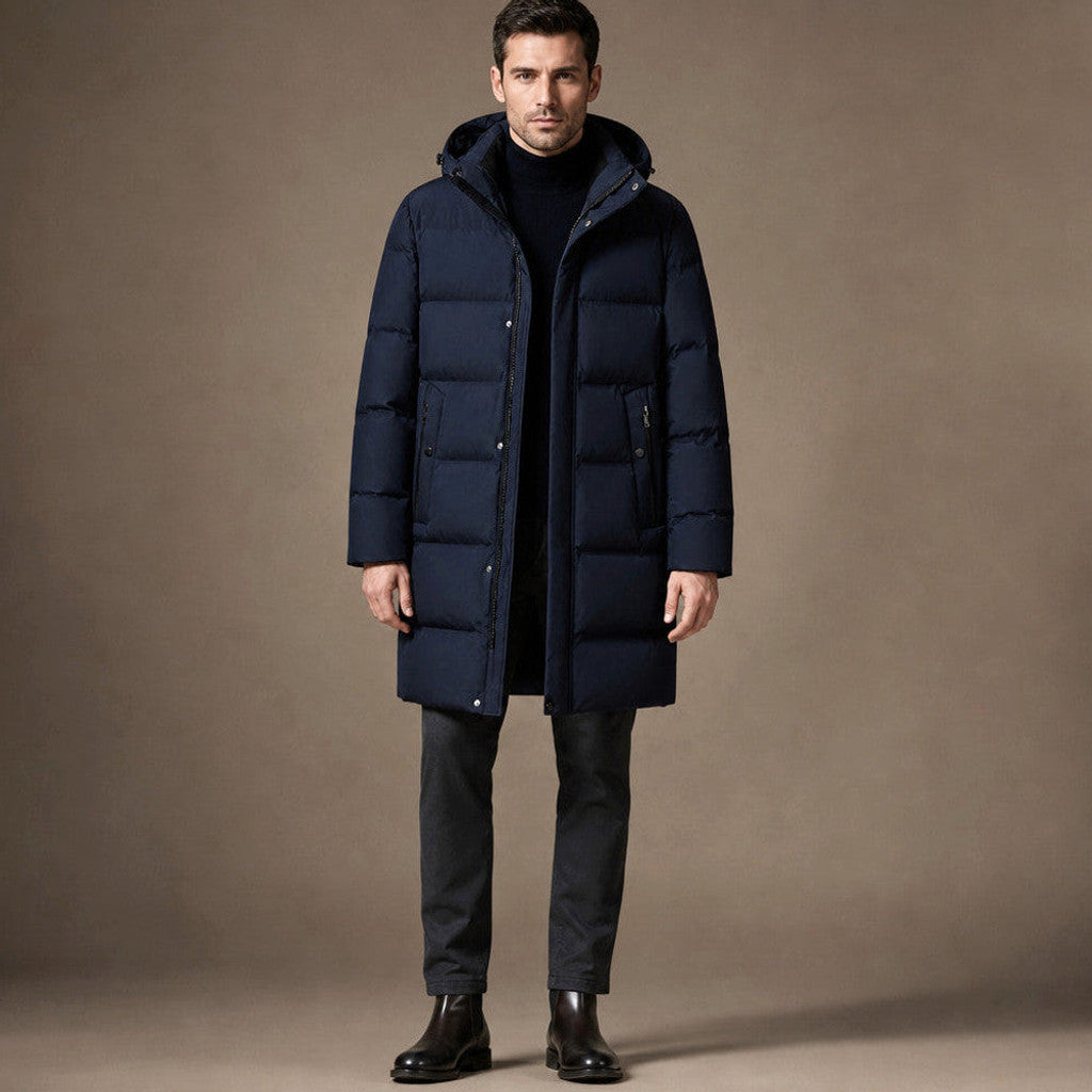 Dark blue packable down hooded parka, front view