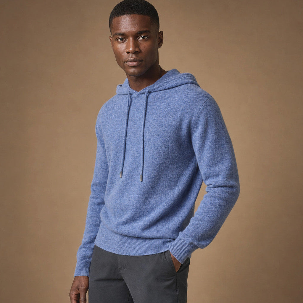 Keverne | Knitwear Hoodie Merino Knit Blue – Side Angle View