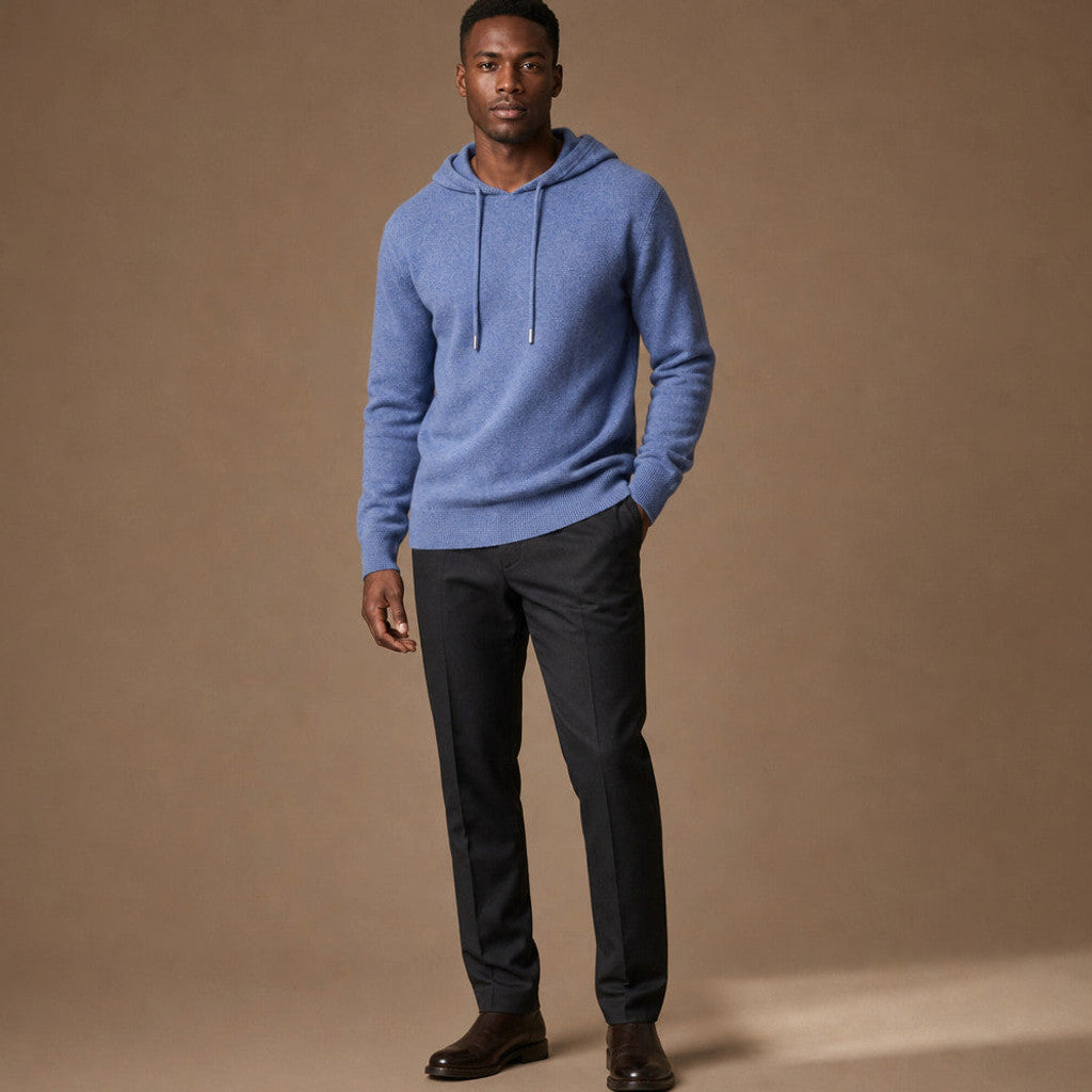 Keverne | Knitwear Hoodie Merino Knit Blue – Full Look