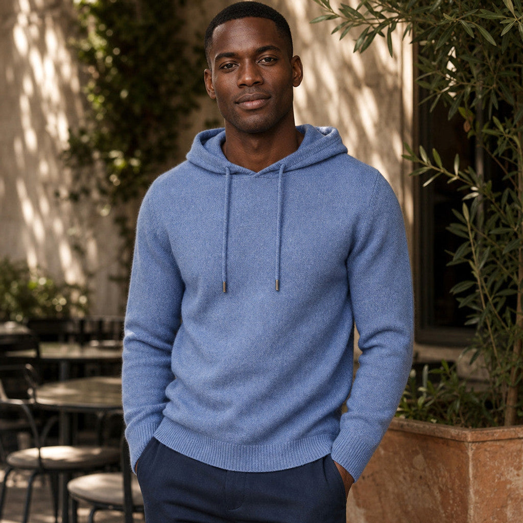 Keverne | Knitwear Hoodie Merino Knit Blue – Styled Editorial Shot