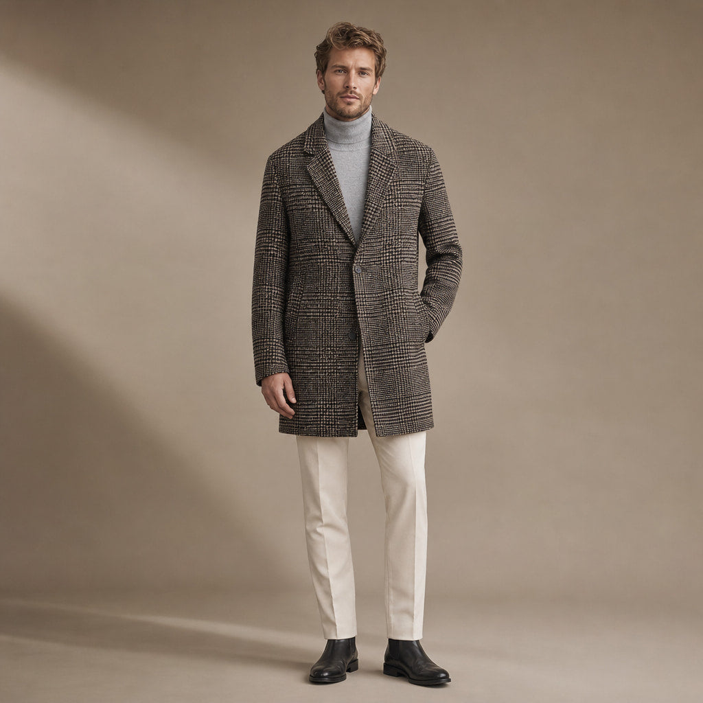 Wool Coat Houndstooth Notch Lapel Brown – Product Photo
