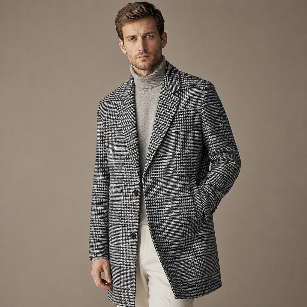 Wool Coat Houndstooth Notch Lapel Grey – Side Angle View