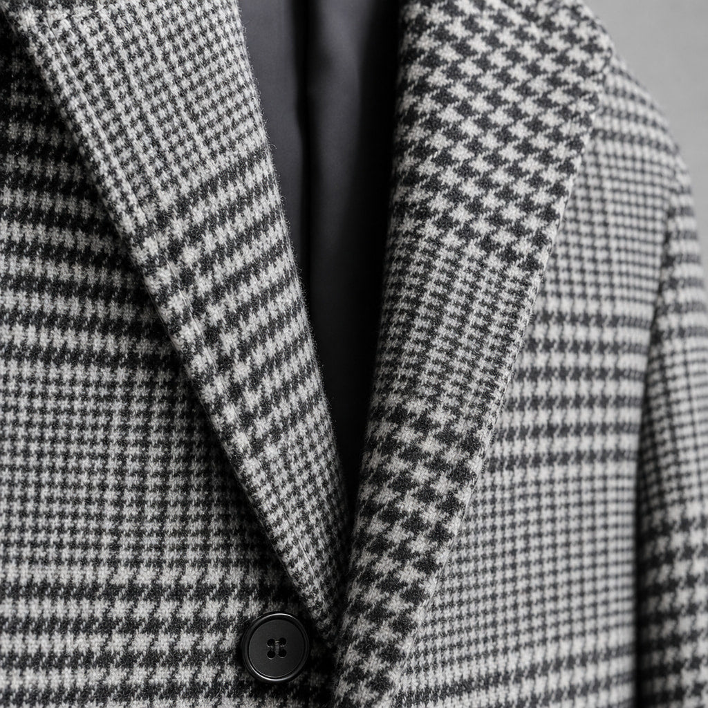 Wool Coat Houndstooth Notch Lapel Grey – Fabric and Detail Close-Up