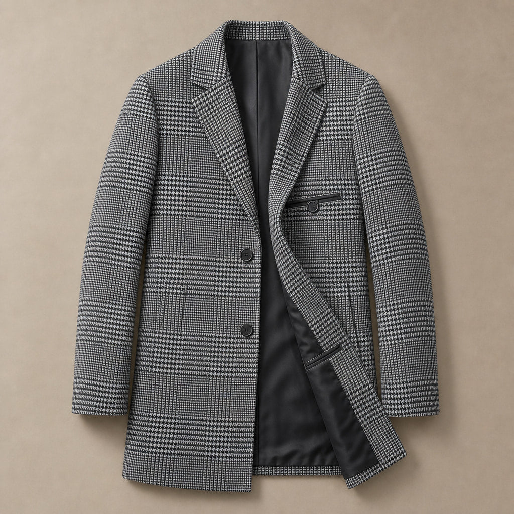 Wool Coat Houndstooth Notch Lapel Grey – Flat Lay Product Photo