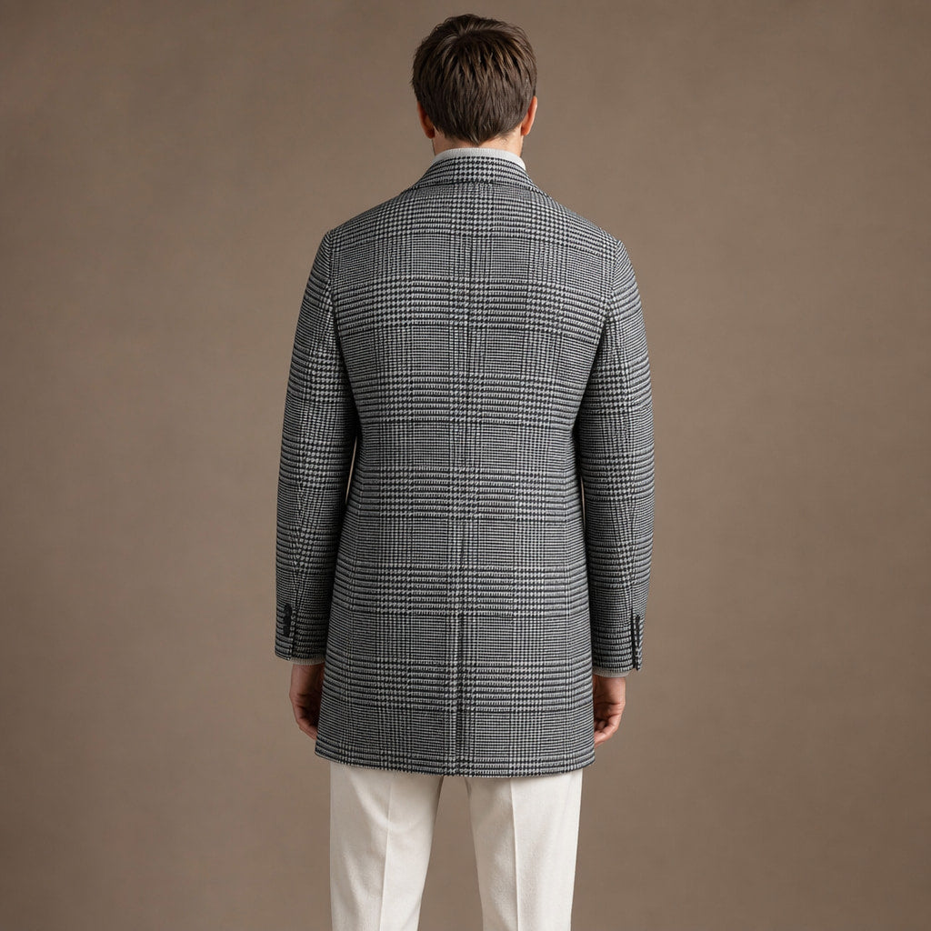 Wool Coat Houndstooth Notch Lapel Grey – Full Look